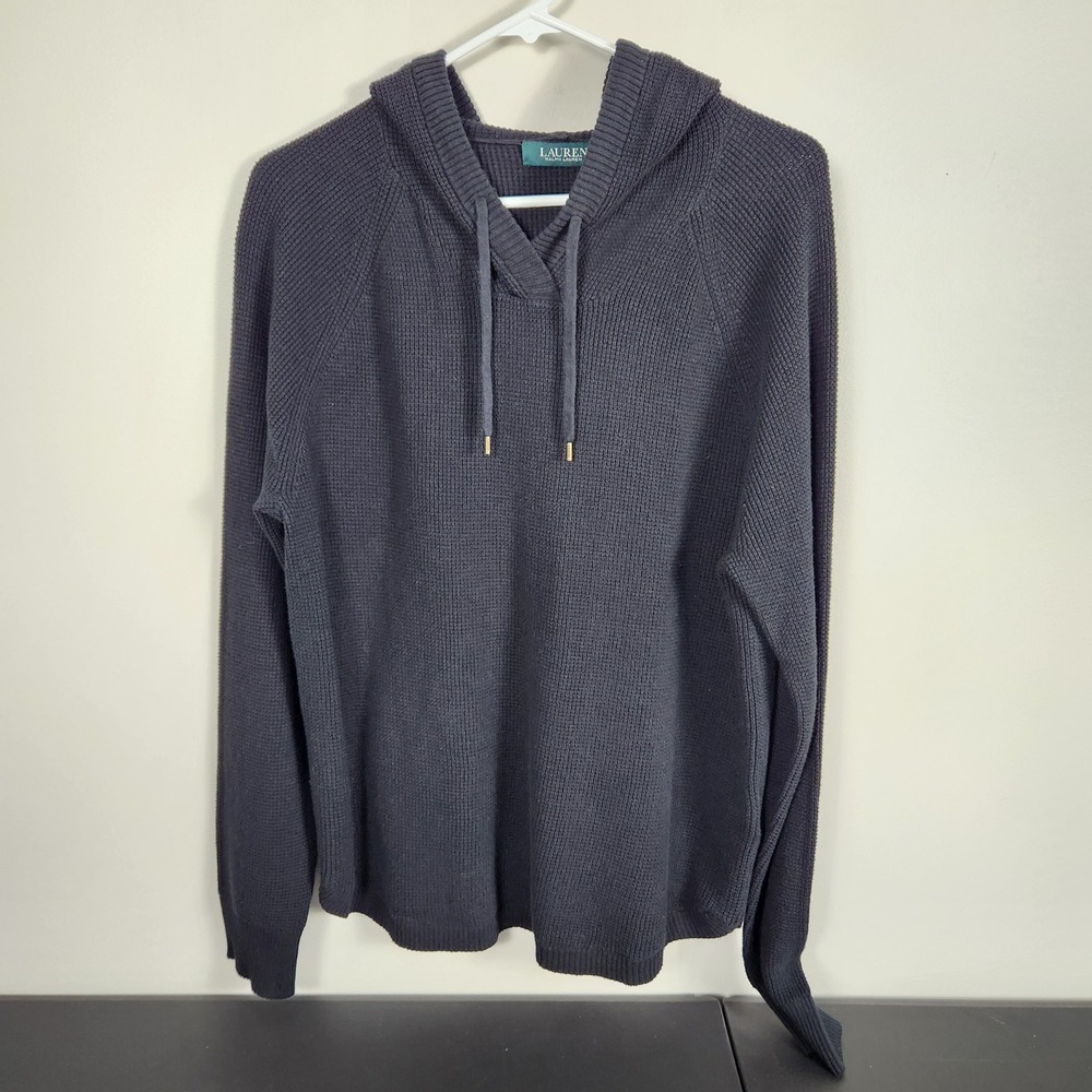 Lauren‎ Ralph Lauren Womens XL Black Cotton Waffle Knit Hooded Sweater New 3243